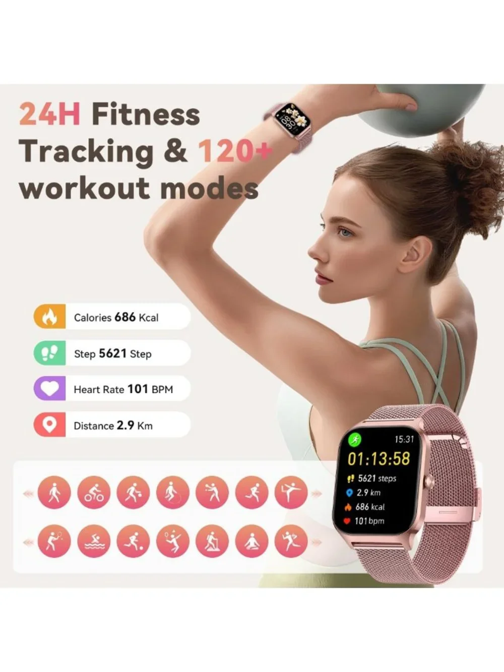 Stylish Rose Gold Smart Watch for Women - Fitness Tracker, Waterproof, Heart